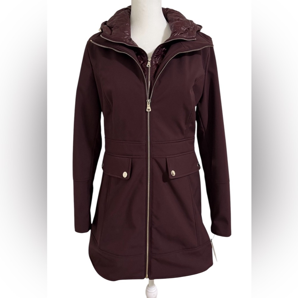 Guess Women’s Burgundy Coat, Double Zipper with Hood
